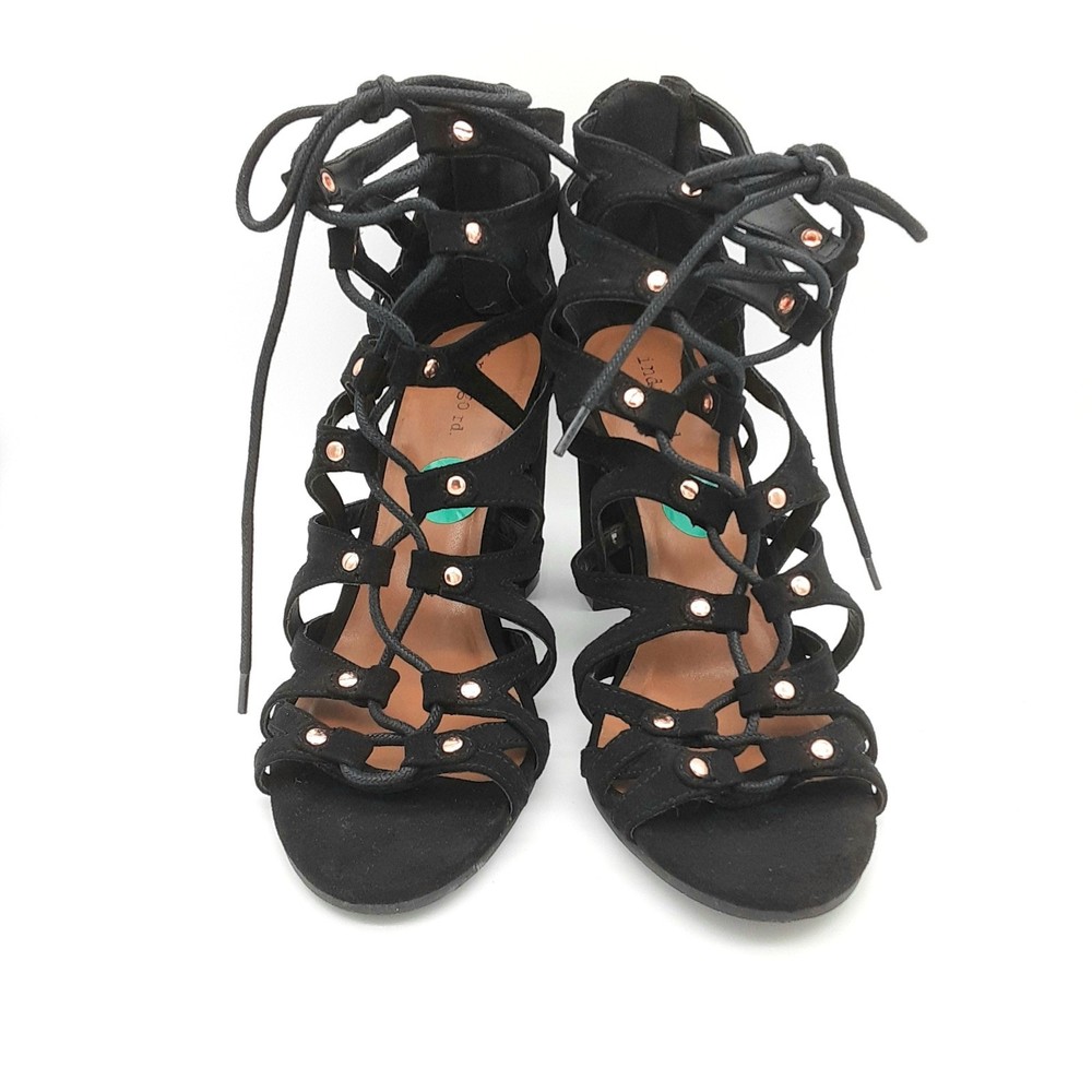 Indigo Rd black suede gladiator sandals block heels lace up heels women sz 8